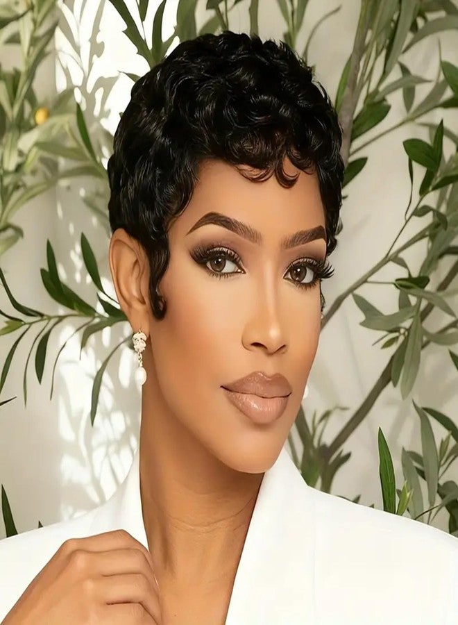 SAEIALL Short Pixie Cut Wig Human Hair 1B Black Curly Wave Human Hair Wig Layered Natural Looking Short Style for Black Women None Lace Front Throw On and Go Wigs - Image 3